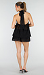 Zwarte Halter Mini Jurk met Open Rug en Chiffon Laag