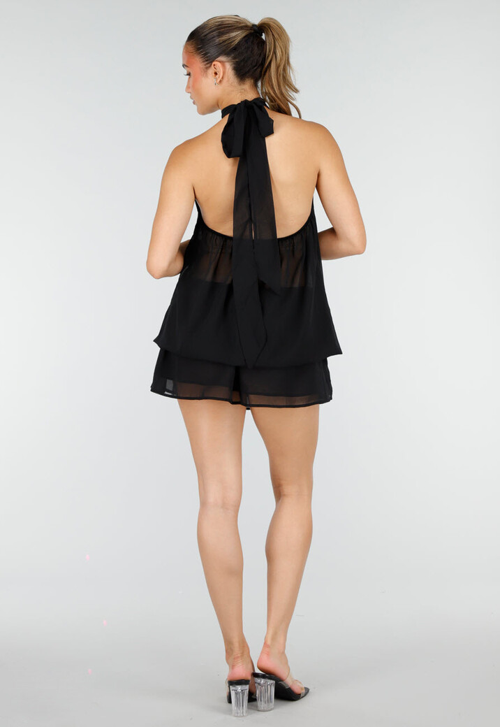 Zwarte Halter Mini Jurk met Open Rug en Chiffon Laag