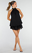 Zwarte Halter Mini Jurk met Open Rug en Chiffon Laag