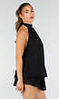 Zwarte Halter Mini Jurk met Open Rug en Chiffon Laag