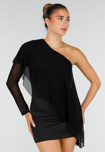 Zwarte One Shoulder Mini Jurk met Mesh