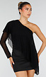 Zwarte One Shoulder Mini Jurk met Mesh Mouw en Drapering