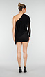 Zwarte One Shoulder Mini Jurk met Mesh Mouw en Drapering