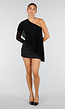 Zwarte One Shoulder Mini Jurk met Mesh Mouw en Drapering