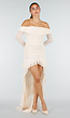 Beige Off Shoulder Mesh Jurk met Asymmetrische Zoom
