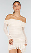 Beige Off Shoulder Mesh Jurk met Asymmetrische Zoom