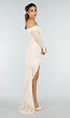 Beige Off Shoulder Mesh Jurk met Asymmetrische Zoom