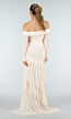 Beige Off Shoulder Mesh Jurk met Asymmetrische Zoom