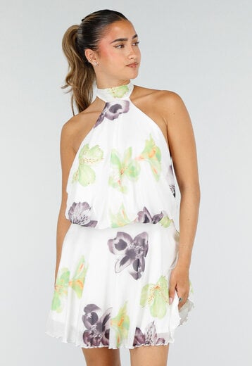 Witte Halter Mini Jurk met Bloemenprint