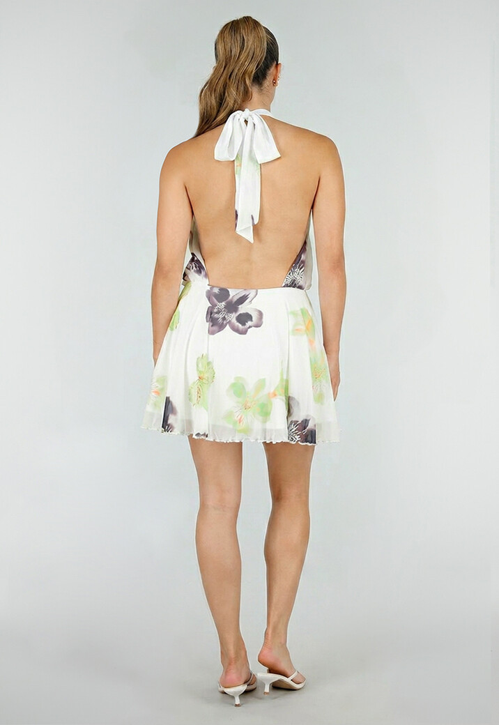 Witte Halter Mini Jurk met Bloemenprint en Open Rug