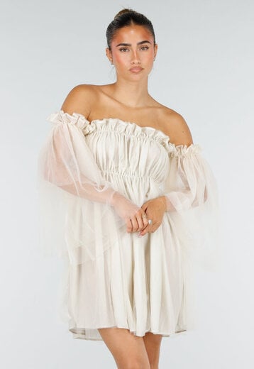 Crème Off Shoulder Jurk met Mesh