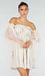 Beige Off Shoulder Jurk met Tule Mouwen en Volantkraag