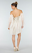 Beige Off Shoulder Jurk met Tule Mouwen en Volantkraag