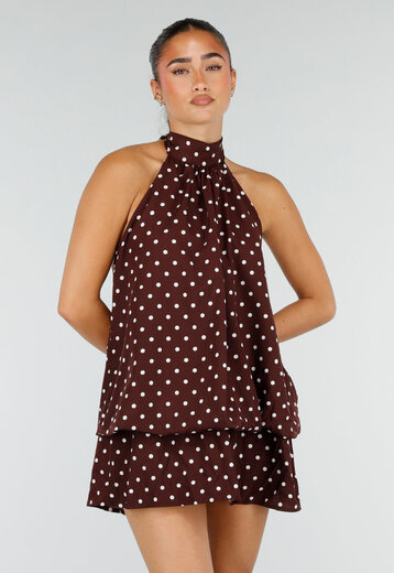 Bruine Halter Jurk met Witte Stippen