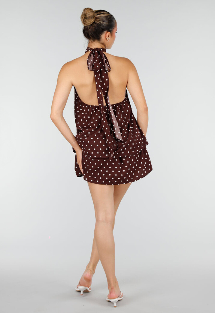Bruine Halter Jurk met Witte Stippen en Open Rug
