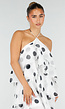 Witte Maxi Jurk met Zwarte Stippen en Volants