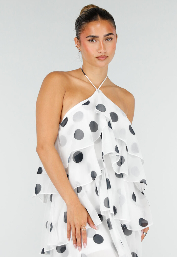 Witte Maxi Jurk met Zwarte Stippen en Volants