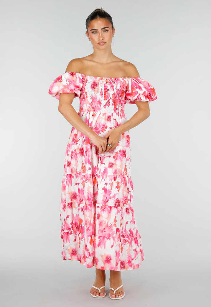 Roze Bloemen Maxi Jurk met Pofmouwen en Gesmokte Taille