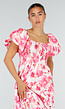 Roze Bloemen Maxi Jurk met Pofmouwen en Gesmokte Taille