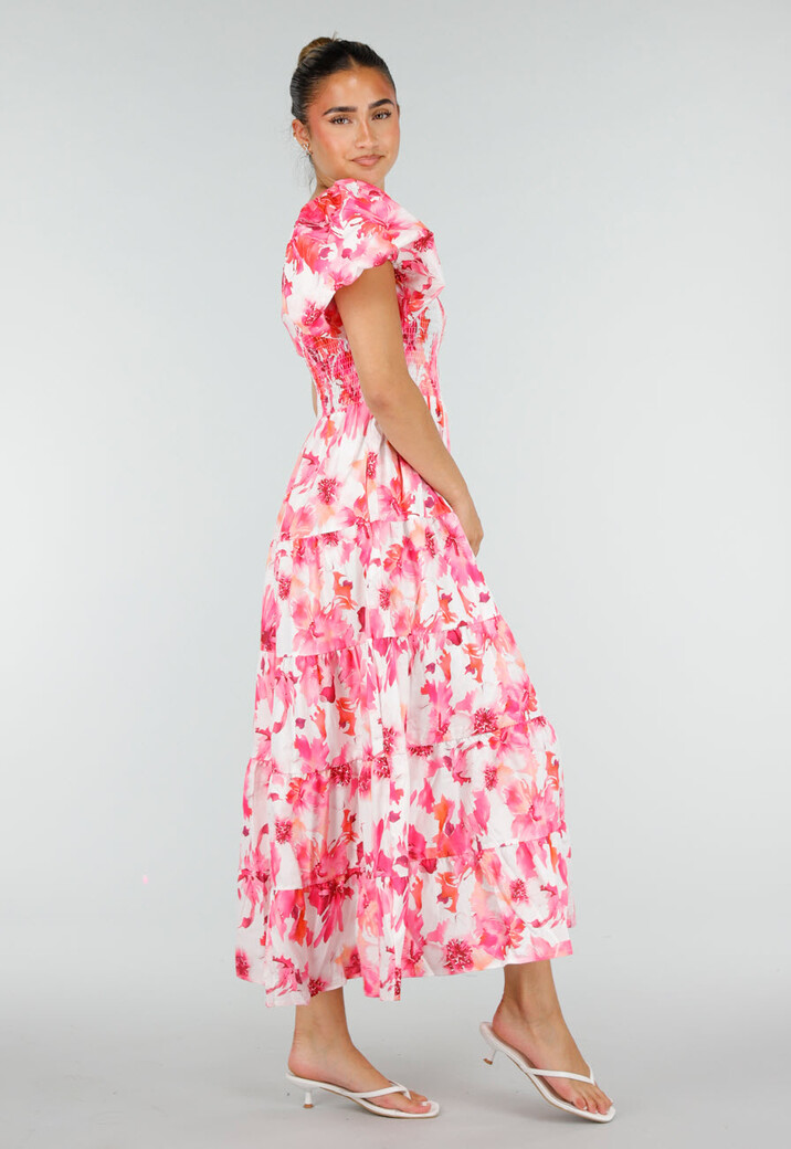 Roze Bloemen Maxi Jurk met Pofmouwen en Gesmokte Taille