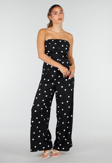 Zwarte Strapless Jumpsuit met Stippen