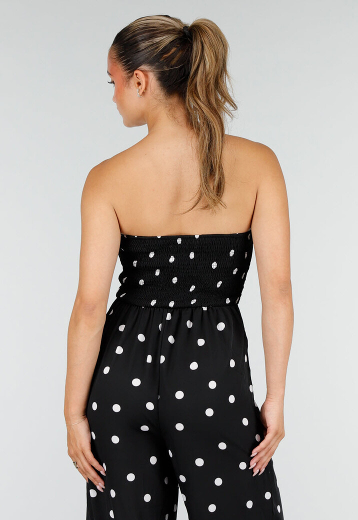 Zwarte Bandeau Jumpsuit met Witte Stippenprint en Wide Leg