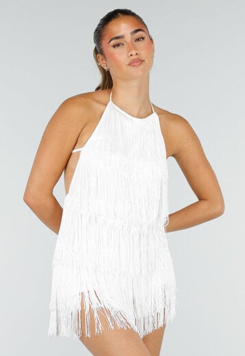 Witte Fringe Halter Playsuit