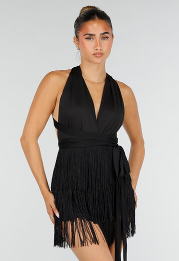 Zwarte Halter Playsuit met Franjes