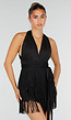 Zwarte Halter Playsuit met Franjes en Strikceintuur