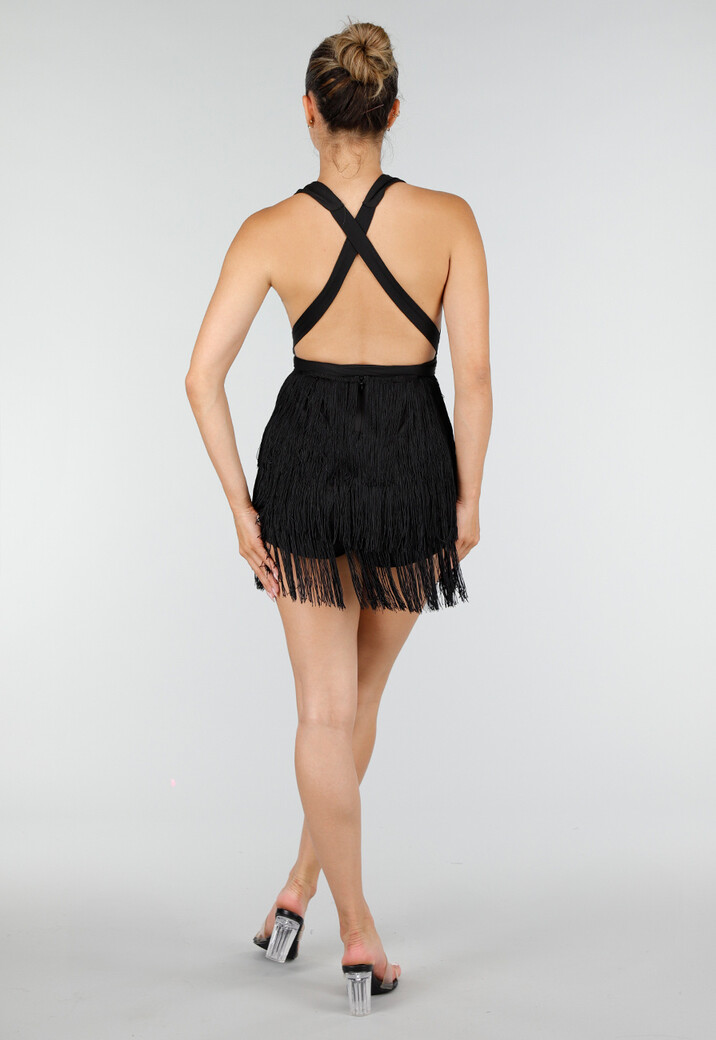 Zwarte Halter Playsuit met Franjes en Strikceintuur