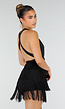 Zwarte Halter Playsuit met Franjes en Strikceintuur