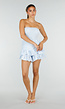 Lichtblauwe Gestreepte Strapless Playsuit met Gesmokte Taille en Ruches