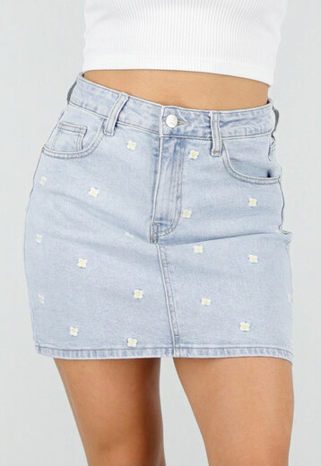 Lichtblauwe Denim Rok met Bloemetjes