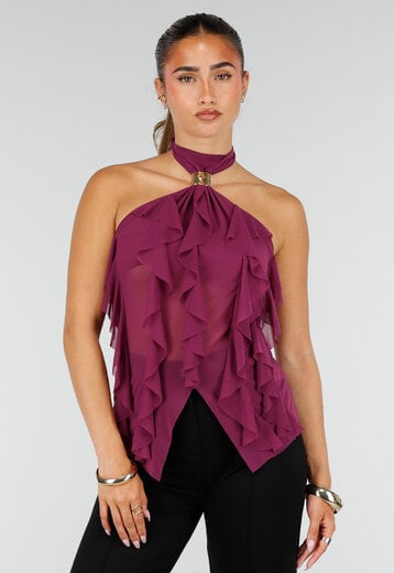 Paarse Mesh Haltertop met Ruffles