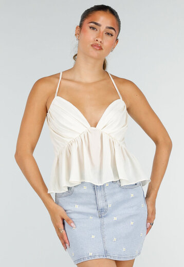 Crème Peplum Top met Spaghettibandjes