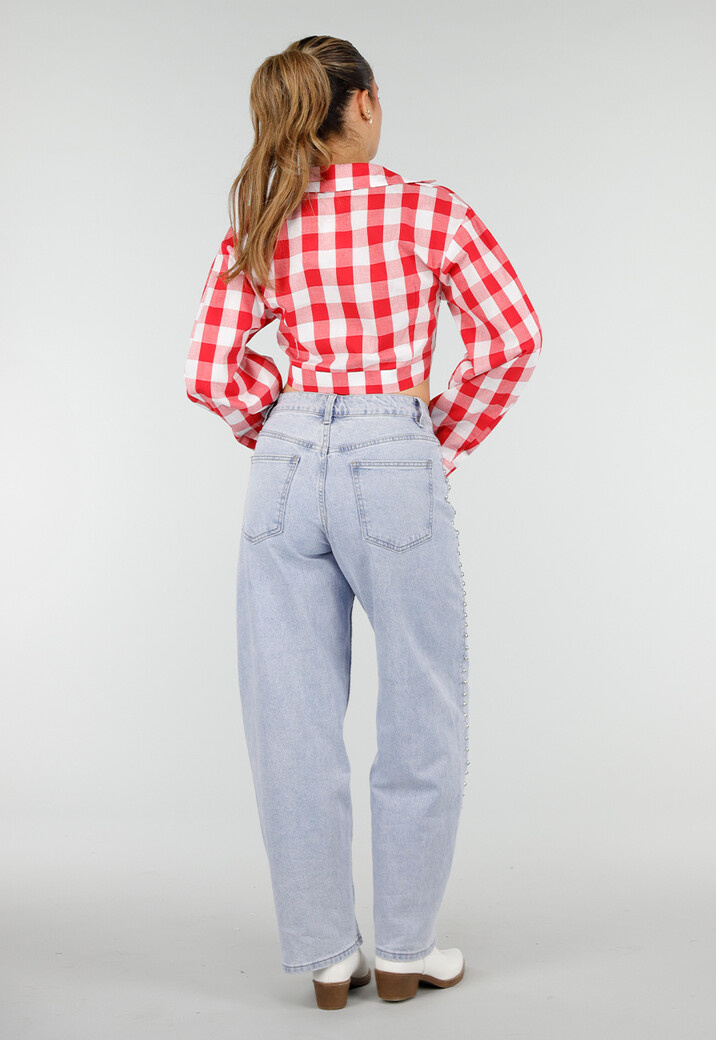 Rood Wit Geruite Cropped Blouse met Striksluiting