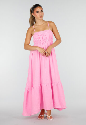 Roze Mousseline Maxi Jurk met Spaghettibandjes