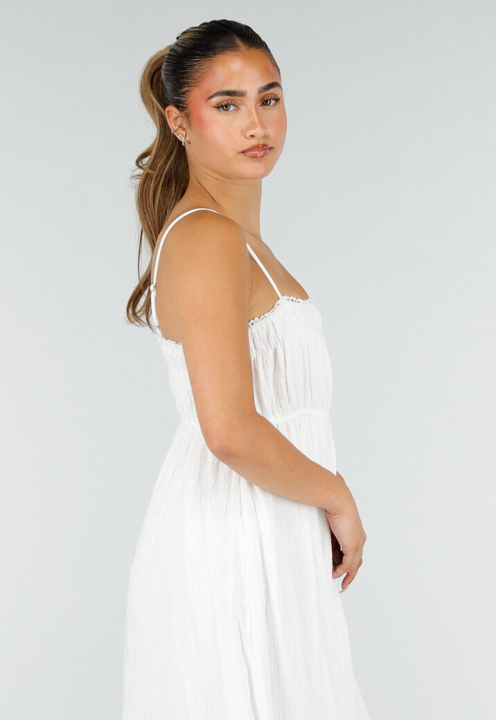 Witte Mousseline Maxi Jurk met Spaghettibandjes en Smokdetail