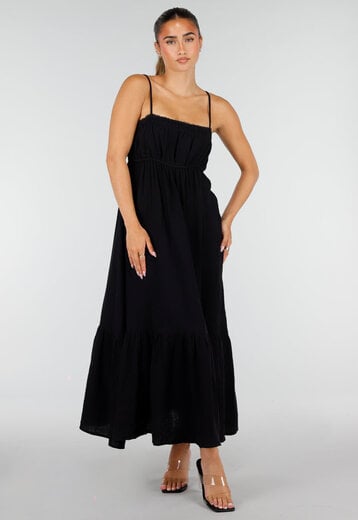 Zwarte Mousseline Maxi Jurk