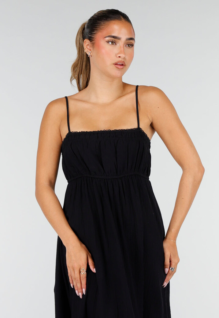 Zwarte Mousseline Maxi Jurk met Spaghettibandjes en Smokdetail