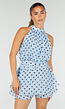 Lichtblauwe Polkadot Playsuit met Halterhals en Volantlaag