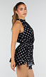 Zwarte Polkadot Playsuit met Halterhals en Volantlaag