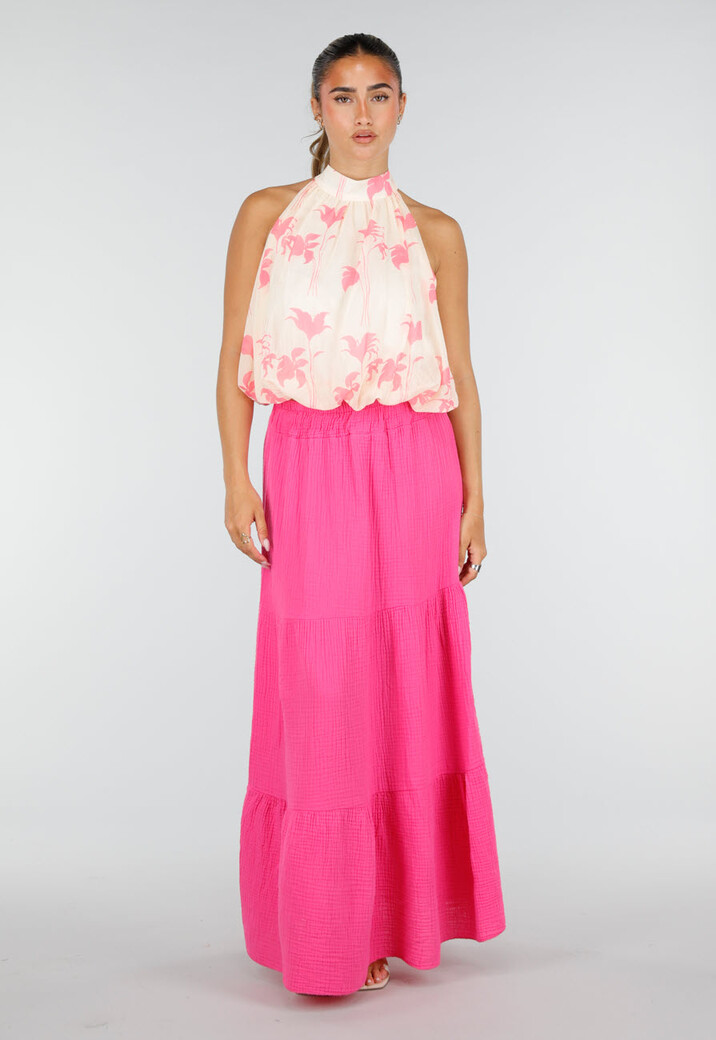 Roze Mousseline Maxi Rok met Elastische Taille