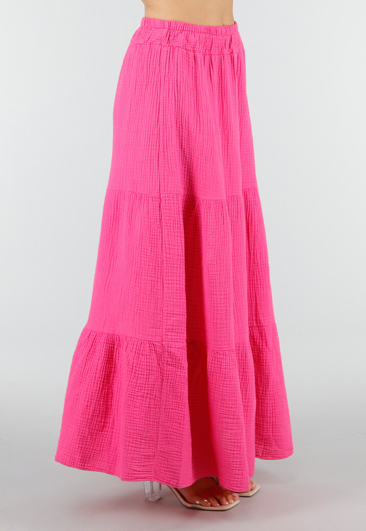 Roze Mousseline Maxi Rok met Elastische Taille