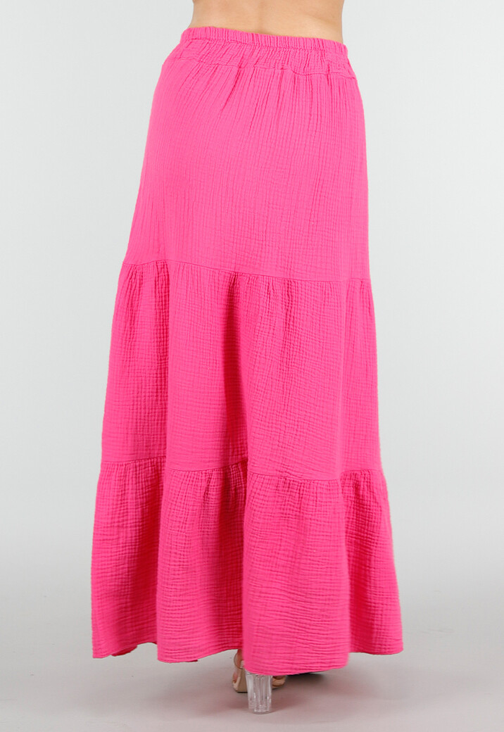 Roze Mousseline Maxi Rok met Elastische Taille