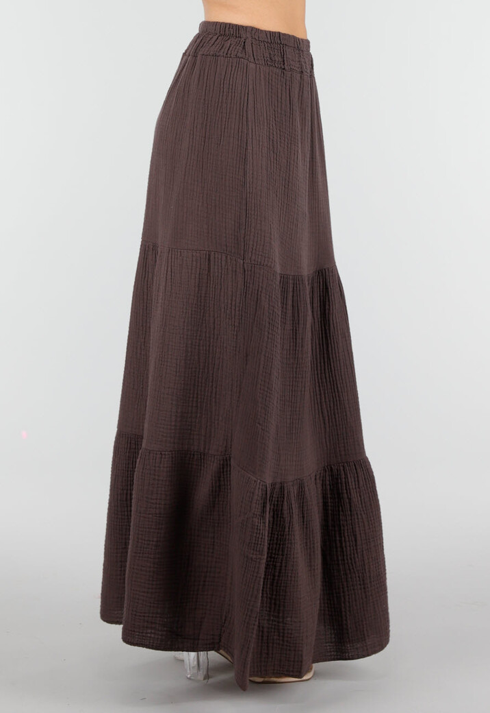 Bruine Mousseline Maxi Rok met Elastische Taille
