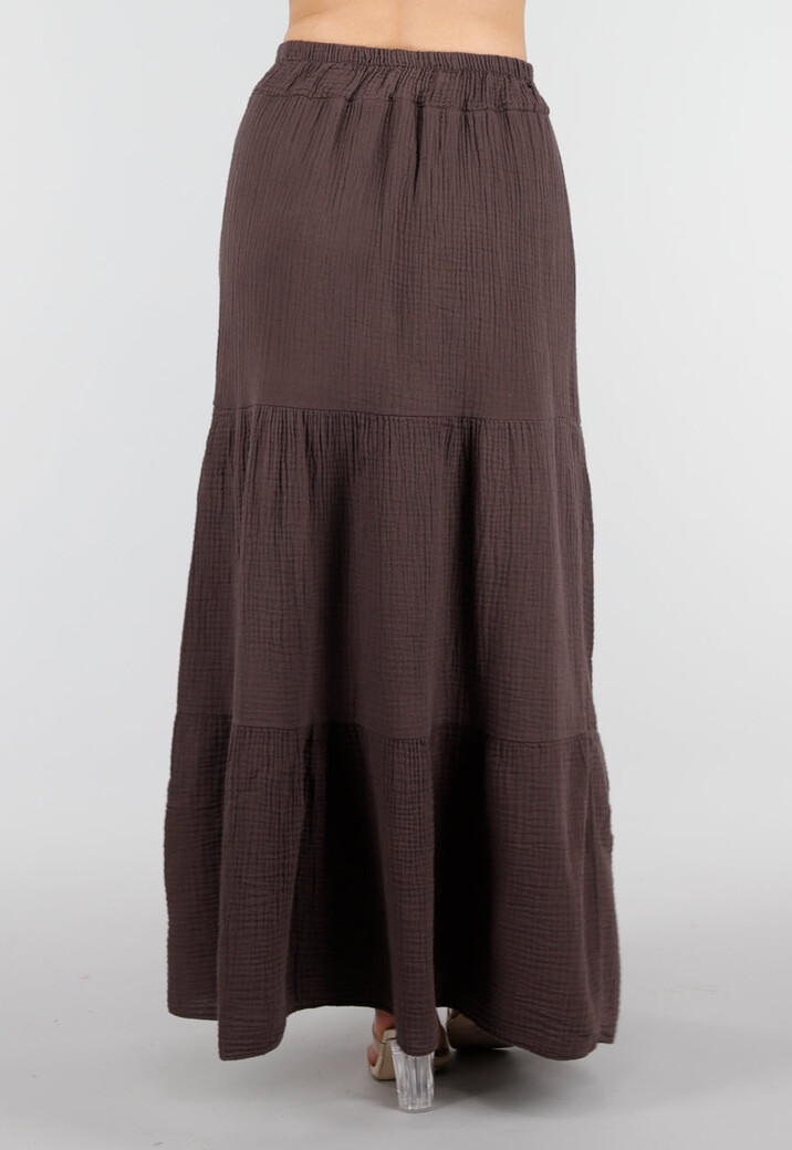 Bruine Mousseline Maxi Rok met Elastische Taille