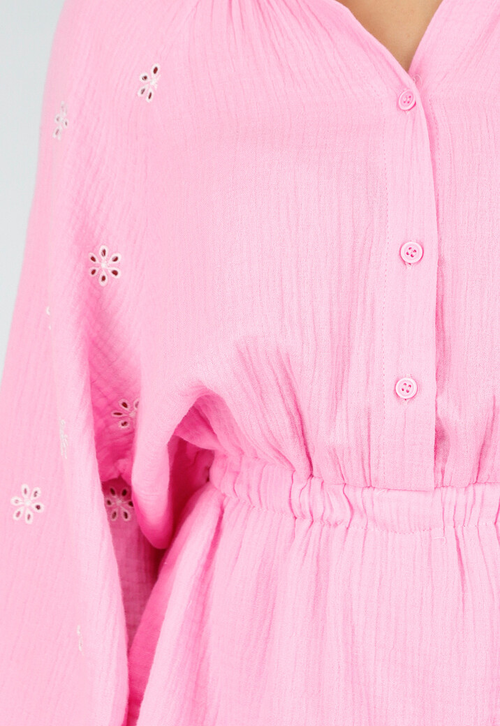 Roze Mousseline Playsuit met Broderie en Volantzoom