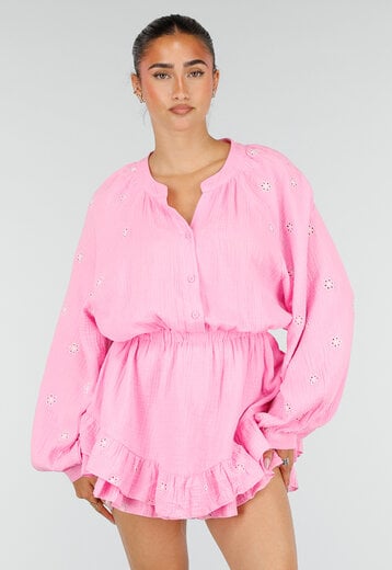 Roze Mousseline Playsuit met Broderie