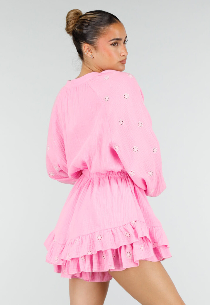Roze Mousseline Playsuit met Broderie en Volantzoom